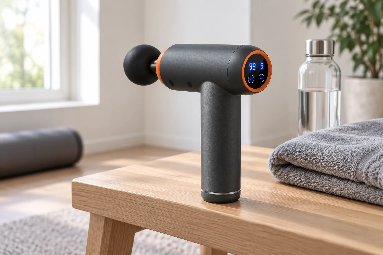 Massagepistol fra Pulsvik med display og udskiftelige massagehoveder