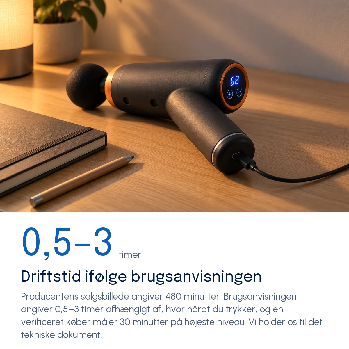 Driftstid ifølge brugsanvisningen — Massagepistolen tilsluttet sit USB-C-kabel på et bord, opladningen er i gang