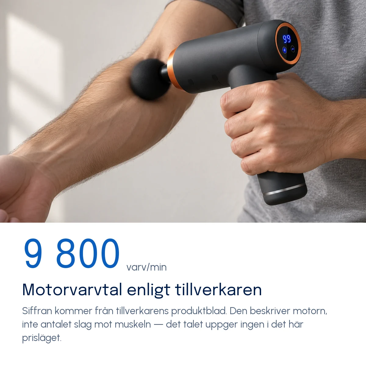 Motorvarvtal enligt tillverkaren — Massagepistolens munstycke i rörelse, sett på nära håll mot en mörk bakgrund